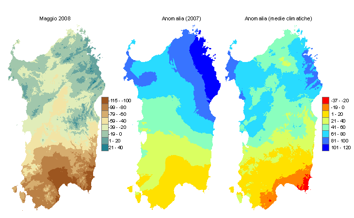 Figura 2 - Mappe di bilancio idro-meteorologico di maggio 2008 e di anomalia rispetto all'anno precedente e ai valori medi trentennali. Figura 2 - Mappe di bilancio idro-meteorologico di maggio 2008 e di anomalia rispetto all'anno precedente e ai valori medi trentennali.