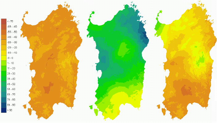 Figura 3 - Mappe di bilancio idro-meteorologico della I, II e III decade di maggio 2008. Figura 3 - Mappe di bilancio idro-meteorologico della I, II e III decade di maggio 2008.