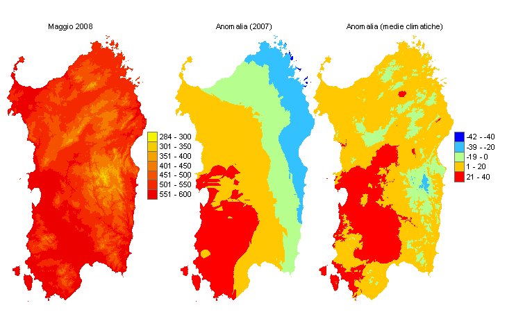 Figura 4 - Mappe di sommatorie termiche in base 0 °C calcolate per il mese di maggio 2008 e raffronto con l'anno precedente e con i valori medi trentennali. Figura 4 - Mappe di sommatorie termiche in base 0 °C calcolate per il mese di maggio 2008 e raffronto con l'anno precedente e con i valori medi trentennali.