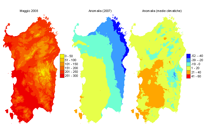 Figura 5 - Mappe di sommatorie termiche in base 10 °C calcolate per il mese di maggio 2008 e raffronto con l'anno precedente e con i valori medi trentennali. Figura 5 - Mappe di sommatorie termiche in base 10 °C calcolate per il mese di maggio 2008 e raffronto con l'anno precedente e con i valori medi trentennali.