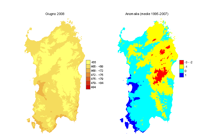 Figura 12 - Mappe di THI per il mese di giugno 2008 e raffronto con i valori medi del periodo 1995-2007. Figura 12 - Mappe di THI per il mese di giugno 2008 e raffronto con i valori medi del periodo 1995-2007.