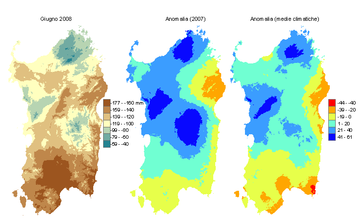Figura 2 - Mappe di bilancio idro-meteorologico di giugno 2008 e di anomalia rispetto all'anno precedente e ai valori medi trentennali. Figura 2 - Mappe di bilancio idro-meteorologico di giugno 2008 e di anomalia rispetto all'anno precedente e ai valori medi trentennali.
