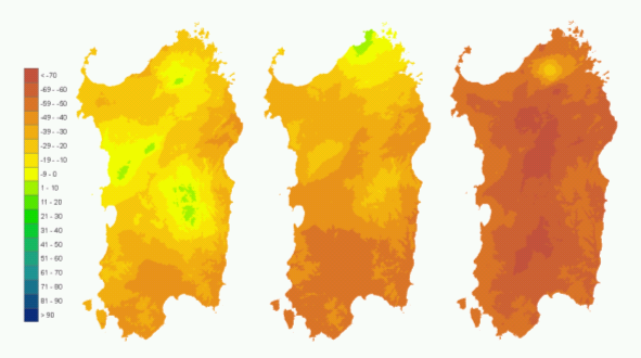 Figura 3 - Mappe di bilancio idro-meteorologico della I, II e III decade di giugno 2008. Figura 3 - Mappe di bilancio idro-meteorologico della I, II e III decade di giugno 2008.