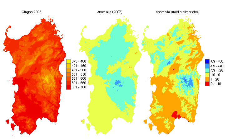 Figura 4 - Mappe di sommatorie termiche in base 0 °C calcolate per il mese di giugno 2008 e raffronto con l'anno precedente e con i valori medi trentennali. Figura 4 - Mappe di sommatorie termiche in base 0 °C calcolate per il mese di giugno 2008 e raffronto con l'anno precedente e con i valori medi trentennali.
