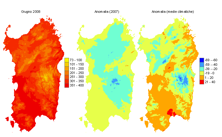 Figura 5 - Mappe di sommatorie termiche in base 10 °C calcolate per il mese di giugno 2008 e raffronto con l'anno precedente e con i valori medi trentennali. Figura 5 - Mappe di sommatorie termiche in base 10 °C calcolate per il mese di giugno 2008 e raffronto con l'anno precedente e con i valori medi trentennali.