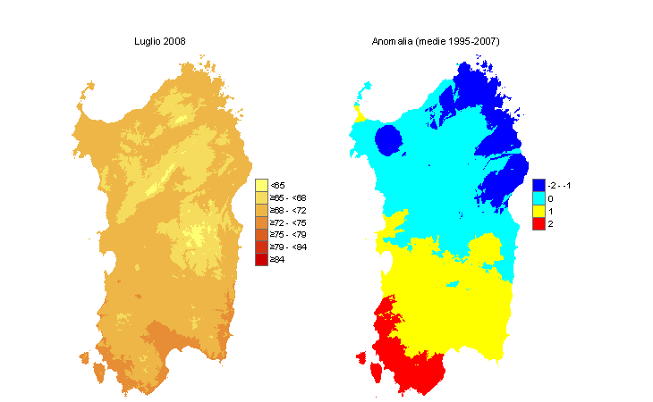 Figura 10 - Mappe di THI per il mese di luglio 2008 e raffronto con i valori medi del periodo 1995-2007. Figura 10 - Mappe di THI per il mese di luglio 2008 e raffronto con i valori medi del periodo 1995-2007.