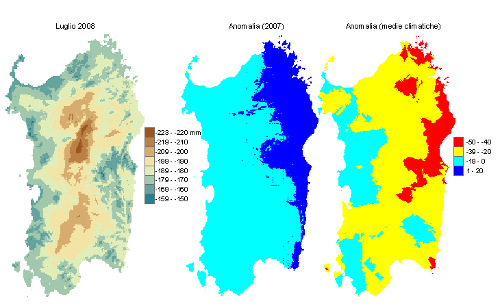 Figura 2 - Mappe di bilancio idro-meteorologico di luglio 2008 e di anomalia rispetto all'anno precedente e ai valori medi trentennali. Figura 2 - Mappe di bilancio idro-meteorologico di luglio 2008 e di anomalia rispetto all'anno precedente e ai valori medi trentennali.