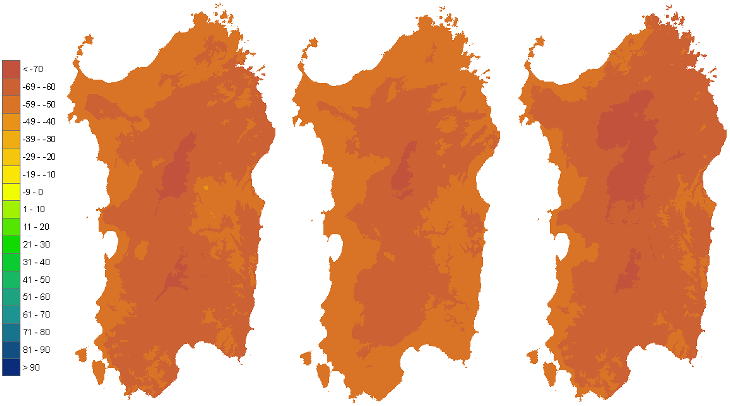 Figura 3 - Mappe di bilancio idro-meteorologico della I, II e III decade di luglio 2008. Figura 3 - Mappe di bilancio idro-meteorologico della I, II e III decade di luglio 2008.