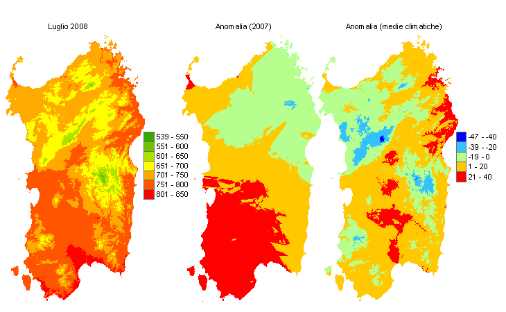 Figura 4 - Mappe di sommatorie termiche in base 0 °C calcolate per il mese di luglio 2008 e raffronto con l'anno precedente e con i valori medi trentennali. Figura 4 - Mappe di sommatorie termiche in base 0 °C calcolate per il mese di luglio 2008 e raffronto con l'anno precedente e con i valori medi trentennali.