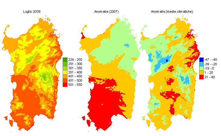 Figura 5 - Mappe di sommatorie termiche in base 10 °C calcolate per il mese di luglio 2008 e raffronto con l'anno precedente e con i valori medi trentennali. Figura 5 - Mappe di sommatorie termiche in base 10 °C calcolate per il mese di luglio 2008 e raffronto con l'anno precedente e con i valori medi trentennali.