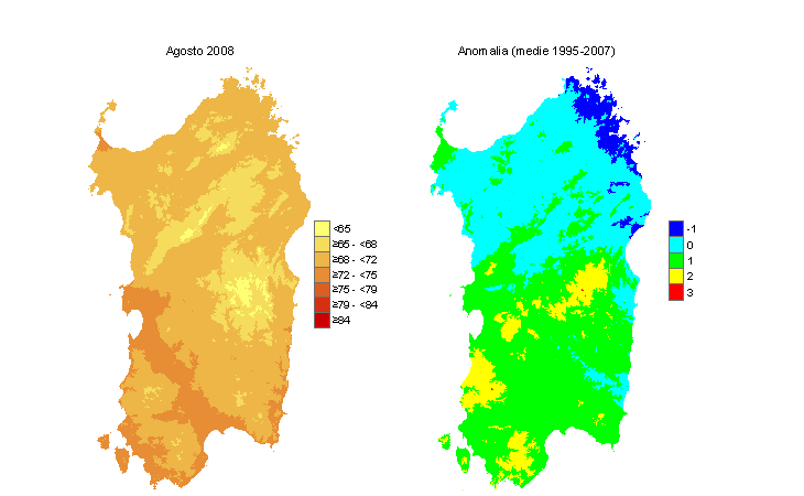Figura 10 - Mappe di THI per il mese di agosto 2008 e raffronto con i valori medi del periodo 1995-2007. Figura 10 - Mappe di THI per il mese di agosto 2008 e raffronto con i valori medi del periodo 1995-2007.
