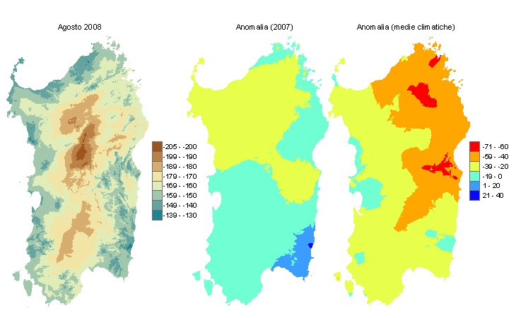Figura 2 - Mappe di bilancio idro-meteorologico di agosto 2008 e di anomalia rispetto all'anno precedente e ai valori medi trentennali. Figura 2 - Mappe di bilancio idro-meteorologico di agosto 2008 e di anomalia rispetto all'anno precedente e ai valori medi trentennali.