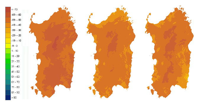 Figura 3 - Mappe di bilancio idro-meteorologico della I, II e III decade di agosto 2008. Figura 3 - Mappe di bilancio idro-meteorologico della I, II e III decade di agosto 2008.