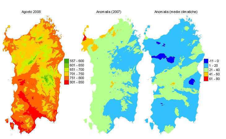 Figura 4 - Mappe di sommatorie termiche in base 0 °C calcolate per il mese di agosto 2008 e raffronto con l'anno precedente e con i valori medi trentennali. Figura 4 - Mappe di sommatorie termiche in base 0 °C calcolate per il mese di agosto 2008 e raffronto con l'anno precedente e con i valori medi trentennali.