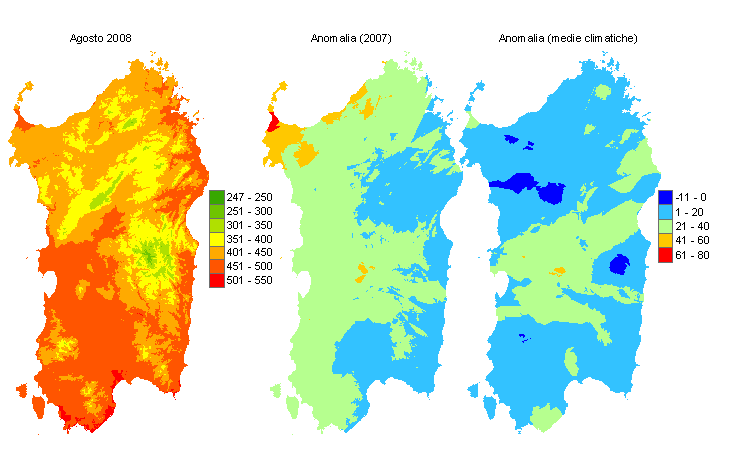 Figura 5 - Mappe di sommatorie termiche in base 10 °C calcolate per il mese di agosto 2008 e raffronto con l'anno precedente e con i valori medi trentennali. Figura 5 - Mappe di sommatorie termiche in base 10 °C calcolate per il mese di agosto 2008 e raffronto con l'anno precedente e con i valori medi trentennali.
