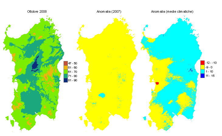 Figura 1 - Mappe di evapotraspirazione potenziale (o di riferimento) di ottobre 2008 e di anomalia rispetto all'anno precedente e ai valori medi trentennali. Figura 1 - Mappe di evapotraspirazione potenziale (o di riferimento) di ottobre 2008 e di anomalia rispetto all'anno precedente e ai valori medi trentennali.