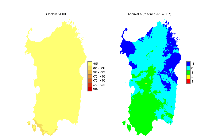 Figura 10 - Mappe di THI per il mese di ottobre 2008 e raffronto con i valori medi del decennio 1995-2004. Figura 10 - Mappe di THI per il mese di ottobre 2008 e raffronto con i valori medi del decennio 1995-2004.