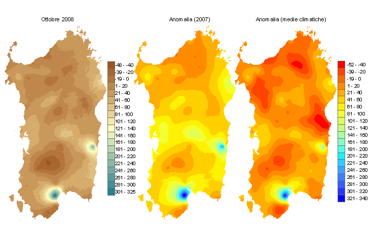 Figura 2 - Mappe di bilancio idro-meteorologico di ottobre 2008 e di anomalia rispetto all'anno precedente e ai valori medi trentennali. Figura 2 - Mappe di bilancio idro-meteorologico di ottobre 2008 e di anomalia rispetto all'anno precedente e ai valori medi trentennali.