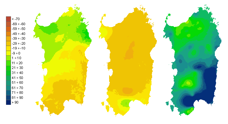 Figura 3 - Mappe di bilancio idro-meteorologico della I, II e III decade di ottobre 2008. Figura 3 - Mappe di bilancio idro-meteorologico della I, II e III decade di ottobre 2008.