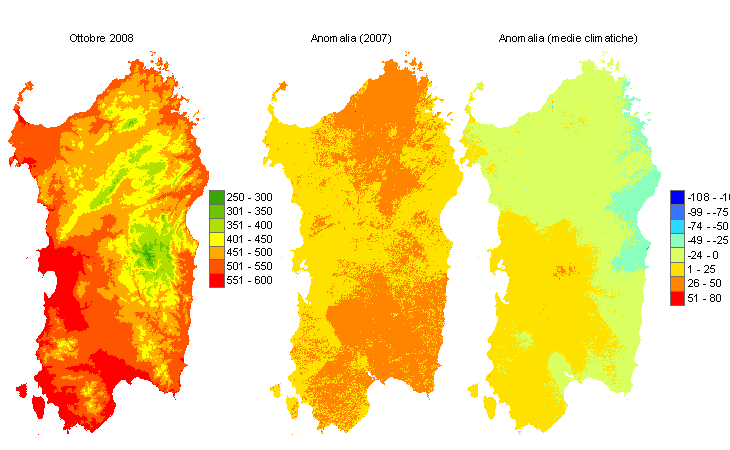 Figura 4 - Mappe di sommatorie termiche in base 0 °C calcolate per il mese di ottobre 2008 e raffronto con l'anno precedente e con i valori medi trentennali. Figura 4 - Mappe di sommatorie termiche in base 0 °C calcolate per il mese di ottobre 2008 e raffronto con l'anno precedente e con i valori medi trentennali.