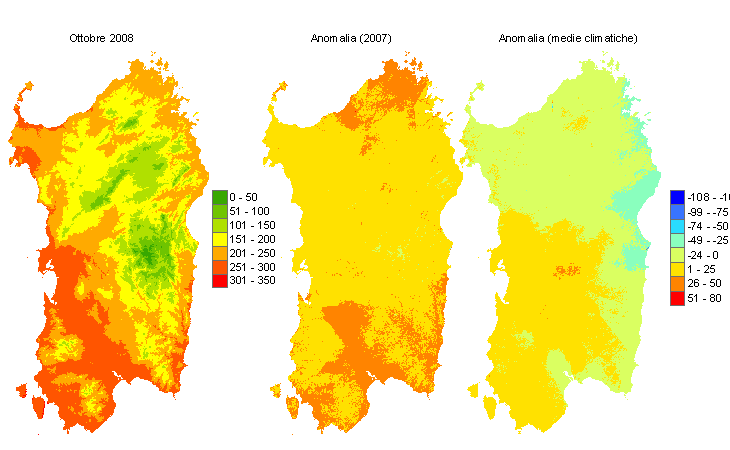 Figura 5 - Mappe di sommatorie termiche in base 10 °C calcolate per il mese di ottobre 2008 e raffronto con l'anno precedente e con i valori medi trentennali. Figura 5 - Mappe di sommatorie termiche in base 10 °C calcolate per il mese di ottobre 2008 e raffronto con l'anno precedente e con i valori medi trentennali.