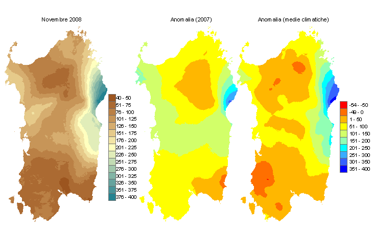 Figura 2 - Mappe di bilancio idro-meteorologico di novembre 2008 e di anomalia rispetto all'anno precedente e ai valori medi trentennali. Figura 2 - Mappe di bilancio idro-meteorologico di novembre 2008 e di anomalia rispetto all'anno precedente e ai valori medi trentennali.