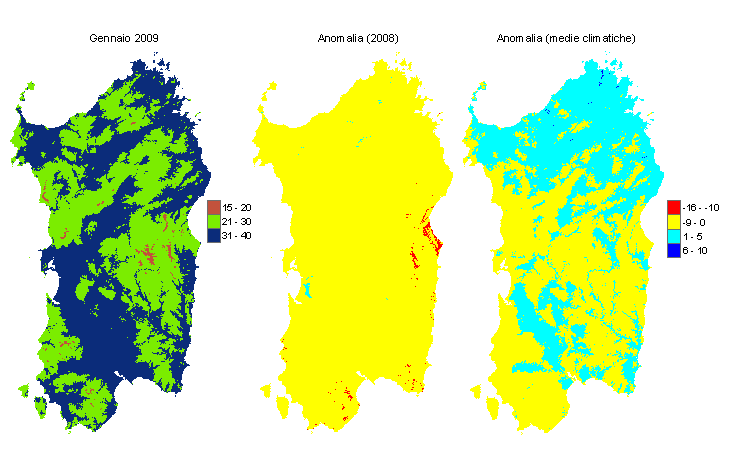 Figura 1 - Mappe di evapotraspirazione potenziale (o di riferimento) di gennaio 2009 e di anomalia rispetto all'anno precedente e ai valori medi trentennali. Figura 1 - Mappe di evapotraspirazione potenziale (o di riferimento) di gennaio 2009 e di anomalia rispetto all'anno precedente e ai valori medi trentennali.