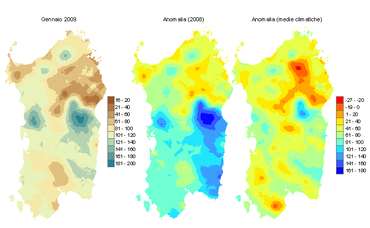 Figura 2 - Mappe di bilancio idro-meteorologico di gennaio 2009 e di anomalia rispetto all'anno precedente e ai valori medi trentennali. Figura 2 - Mappe di bilancio idro-meteorologico di gennaio 2009 e di anomalia rispetto all'anno precedente e ai valori medi trentennali.
