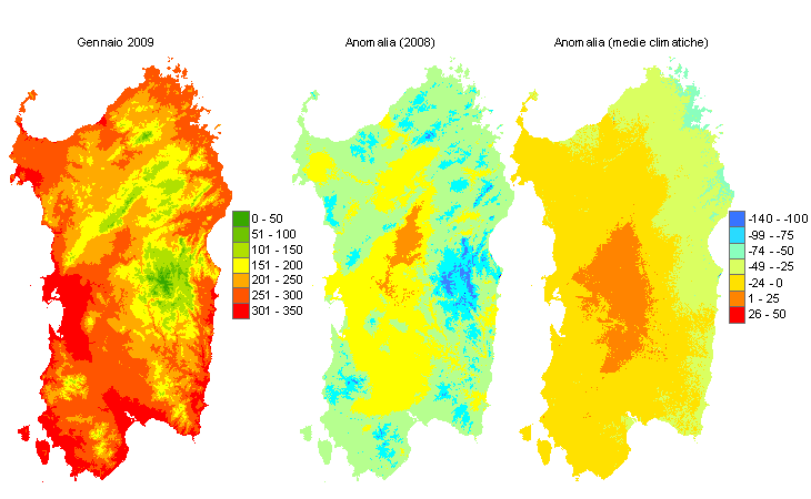 Figura 5 - Mappe di sommatorie termiche in base 0 °C calcolate per il mese di gennaio 2009 e raffronto con l'anno precedente e con i valori medi trentennali. Figura 5 - Mappe di sommatorie termiche in base 0 °C calcolate per il mese di gennaio 2009 e raffronto con l'anno precedente e con i valori medi trentennali.
