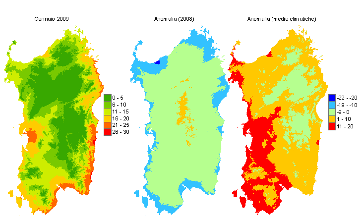 Figura 6 - Mappe di sommatorie termiche in base 10 °C calcolate per il mese di gennaio 2009 e raffronto con l'anno precedente e con i valori medi trentennali. Figura 6 - Mappe di sommatorie termiche in base 10 °C calcolate per il mese di gennaio 2009 e raffronto con l'anno precedente e con i valori medi trentennali.