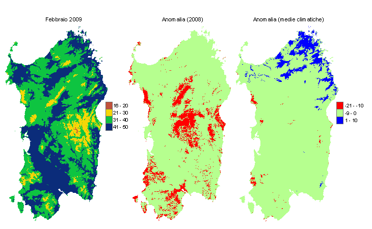 Figura 1 - Mappe di evapotraspirazione di riferimento di febbraio 2009 e di anomalia rispetto all'anno precedente e ai valori medi trentennali. Figura 1 - Mappe di evapotraspirazione di riferimento di febbraio 2009 e di anomalia rispetto all'anno precedente e ai valori medi trentennali.