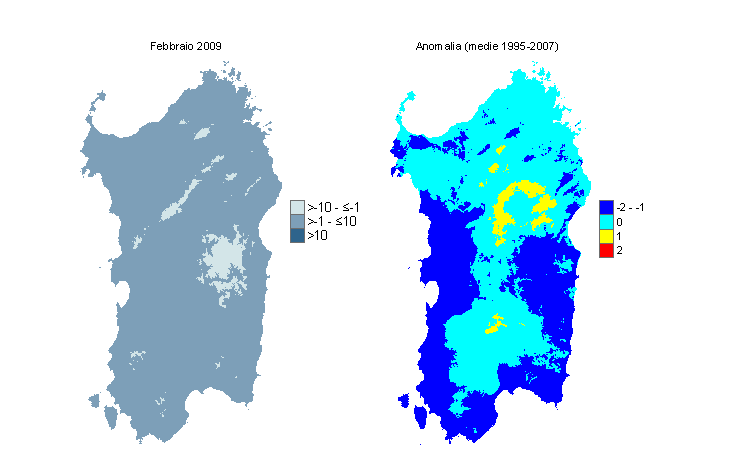 Figura 12 - Mappe di WCI per il mese di febbraio 2009 e raffronto con i valori medi del decennio 1995-2004. Figura 12 - Mappe di WCI per il mese di febbraio 2009 e raffronto con i valori medi del decennio 1995-2004.