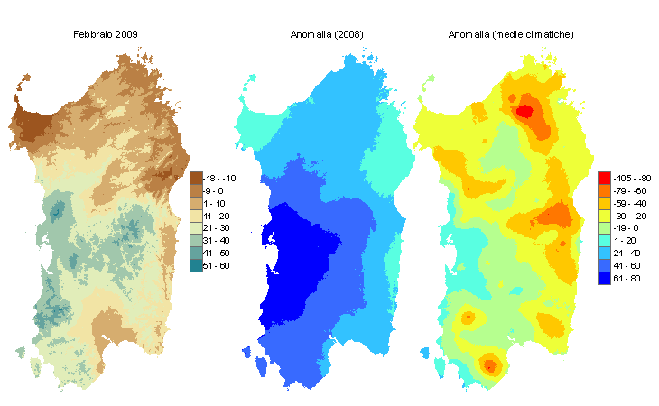Figura 2 - Mappe di bilancio idro-meteorologico di febbraio 2009 e di anomalia rispetto all'anno precedente e ai valori medi trentennali. Figura 2 - Mappe di bilancio idro-meteorologico di febbraio 2009 e di anomalia rispetto all'anno precedente e ai valori medi trentennali.
