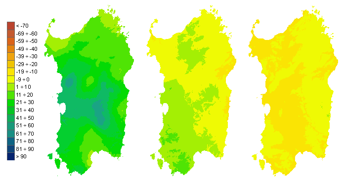 Figura 3 - Mappe di bilancio idro-meteorologico della I, II e III decade di febbraio 2009. Figura 3 - Mappe di bilancio idro-meteorologico della I, II e III decade di febbraio 2009.