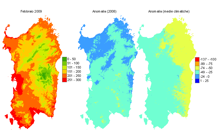 Figura 5 - Mappe di sommatorie termiche in base 0 °C calcolate per il mese di febbraio 2009 e raffronto con l'anno precedente e con i valori medi trentennali. Figura 5 - Mappe di sommatorie termiche in base 0 °C calcolate per il mese di febbraio 2009 e raffronto con l'anno precedente e con i valori medi trentennali.