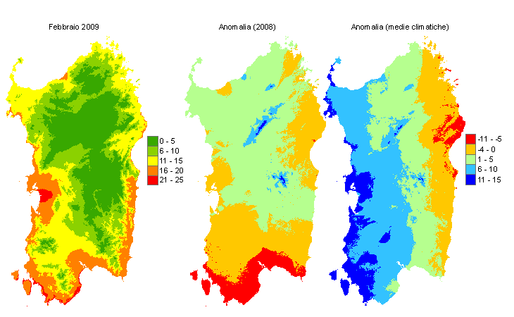 Figura 6 - Mappe di sommatorie termiche in base 10 °C calcolate per il mese di febbraio 2009 e raffronto con l'anno precedente e con i valori medi trentennali. Figura 6 - Mappe di sommatorie termiche in base 10 °C calcolate per il mese di febbraio 2009 e raffronto con l'anno precedente e con i valori medi trentennali.