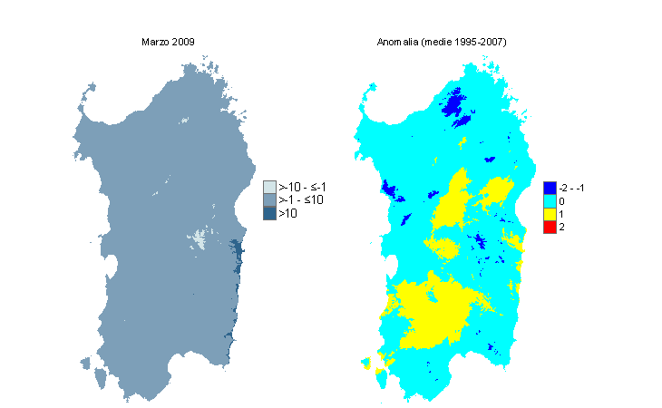 Figura 13 - Mappe di WCI per il mese di marzo 2009 e raffronto con i valori medi del decennio 1995-2004. Figura 13 - Mappe di WCI per il mese di marzo 2009 e raffronto con i valori medi del decennio 1995-2004.