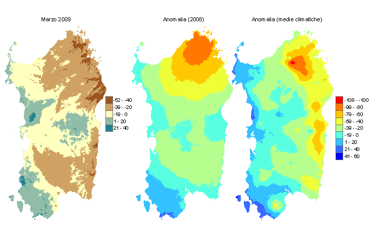 Figura 2 - Mappe di bilancio idro-meteorologico di marzo 2009 e di anomalia rispetto all'anno precedente e ai valori medi trentennali. Figura 2 - Mappe di bilancio idro-meteorologico di marzo 2009 e di anomalia rispetto all'anno precedente e ai valori medi trentennali.
