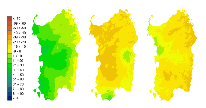 Figura 3 - Mappe di bilancio idro-meteorologico della I, II e III decade di marzo 2009. Figura 3 - Mappe di bilancio idro-meteorologico della I, II e III decade di marzo 2009.