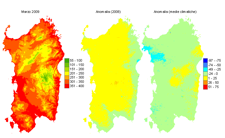 Figura 7 - Mappe di sommatorie termiche in base 0 °C calcolate per il mese di marzo 2009 e raffronto con l'anno precedente e con i valori medi trentennali. Figura 7 - Mappe di sommatorie termiche in base 0 °C calcolate per il mese di marzo 2009 e raffronto con l'anno precedente e con i valori medi trentennali.