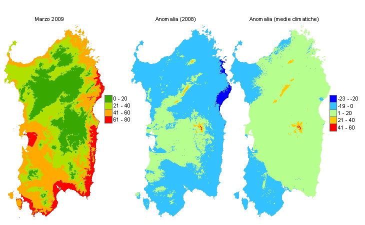 Figura 8 - Mappe di sommatorie termiche in base 10 °C calcolate per il mese di marzo 2009 e raffronto con l'anno precedente e con i valori medi trentennali. Figura 8 - Mappe di sommatorie termiche in base 10 °C calcolate per il mese di marzo 2009 e raffronto con l'anno precedente e con i valori medi trentennali.