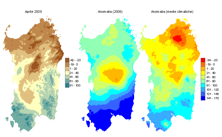 Figura 2 - Mappe di bilancio idro-meteorologico di aprile 2009 e di anomalia rispetto all'anno precedente e ai valori medi trentennali.