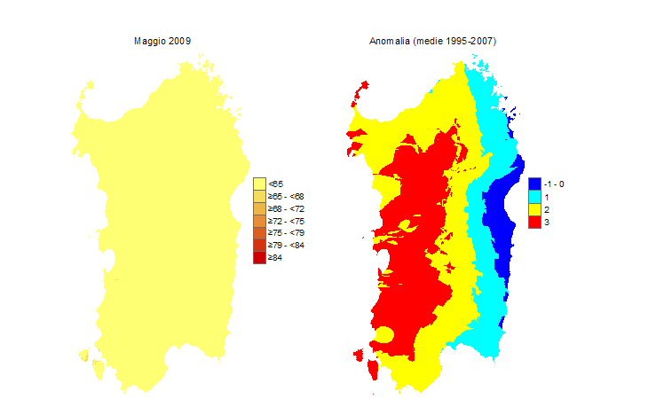 Figura 12 - Mappe di THI per il mese di maggio 2009 e raffronto con i valori medi del decennio 1995-2007. Figura 12 - Mappe di THI per il mese di maggio 2009 e raffronto con i valori medi del decennio 1995-2007.
