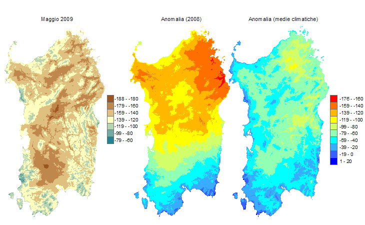 Figura 2 - Mappe di bilancio idro-meteorologico di maggio 2009 e di anomalia rispetto all'anno precedente e ai valori medi trentennali. Figura 2 - Mappe di bilancio idro-meteorologico di maggio 2009 e di anomalia rispetto all'anno precedente e ai valori medi trentennali.