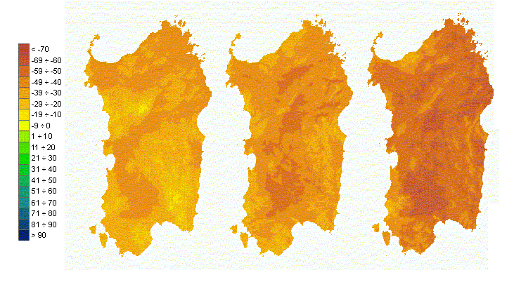 Figura 3 - Mappe di bilancio idro-meteorologico della I, II e III decade di maggio 2009. Figura 3 - Mappe di bilancio idro-meteorologico della I, II e III decade di maggio 2009.
