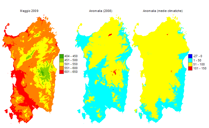 Figura 6 - Mappe di sommatorie termiche in base 0 °C calcolate per il mese di maggio 2009 e raffronto con l'anno precedente e con i valori medi trentennali. Figura 6 - Mappe di sommatorie termiche in base 0 °C calcolate per il mese di maggio 2009 e raffronto con l'anno precedente e con i valori medi trentennali.