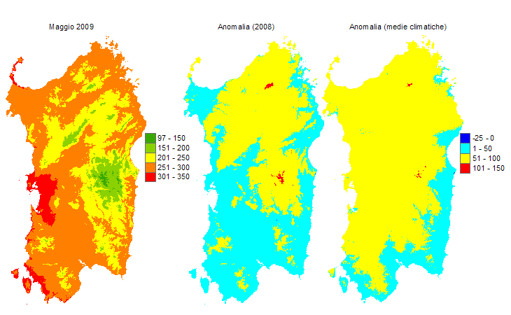 Figura 7 - Mappe di sommatorie termiche in base 10 °C calcolate per il mese di maggio 2009 e raffronto con l'anno precedente e con i valori medi trentennali. Figura 7 - Mappe di sommatorie termiche in base 10 °C calcolate per il mese di maggio 2009 e raffronto con l'anno precedente e con i valori medi trentennali.