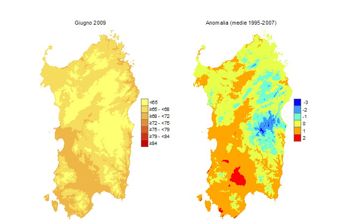 Figura 14 - Mappe di THI per il mese di giugno 2009 e raffronto con i valori medi del decennio 1995-2007. Figura 14 - Mappe di THI per il mese di giugno 2009 e raffronto con i valori medi del decennio 1995-2007.