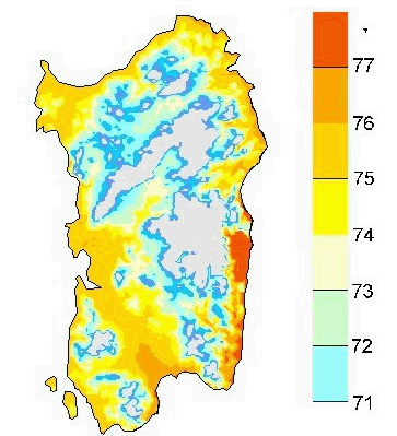 Figura 16 - Mappa di simulazione fenologica per lo Chardonnay in scala BBCH al giorno 15 giugno 2009. (72 = allegagione, 76, 78 = chiusura del grappolo) Figura 16 - Mappa di simulazione fenologica per lo Chardonnay in scala BBCH al giorno 15 giugno 2009. (72 = allegagione, 76, 78 = chiusura del grappolo)