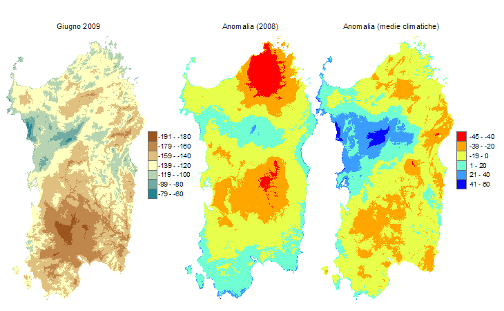 Figura 2 - Mappe di bilancio idro-meteorologico di giugno 2009 e di anomalia rispetto all'anno precedente e ai valori medi trentennali. Figura 2 - Mappe di bilancio idro-meteorologico di giugno 2009 e di anomalia rispetto all'anno precedente e ai valori medi trentennali.